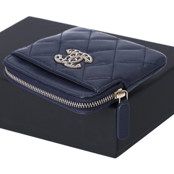 Chanel Caviar Quilted Crystal Zip Card Holder Wallet Navy - Picture 3 of 5